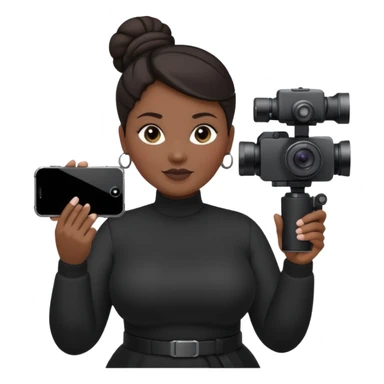 middle aged, plump woman photographer with dark hair, slicked back in a bun, wearing black clothes, carrying a canon r5, and an iPhone on a gimbal sticker