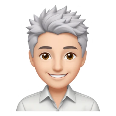 Close-up portrait of Marian Pabón with defined facial structure, light pinkish skin, almond eyes, arched eyebrows, charismatic wide smile, short spiky gray hair, wearing a formal white buttoned shirt sticker