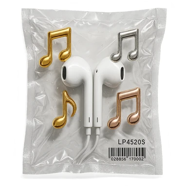 pair of white EarPods with three floating glass music notes in gold, silver, and rose gold, shiny and puffy sticker