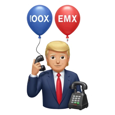 Дональд Трамп  улыбается в поте лица качает через насос в виде телефонного аппарата, который подключен к шарику, который символизирует фондовый рынок и на нём написано IMOEX sticker