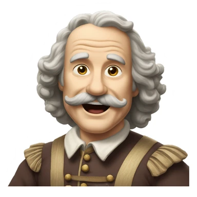 Short pudgy old man over enthusiastic happy excited face bald forehead long wavy gray and brown brunette long wavy hair moustache Shakespearean dress vintage clothes hamlet small arms sticker