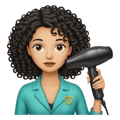 Parrucchiera con il phon in mano e la scritta coiffeur assunta capelli neri e ricci sticker