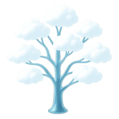 one tree with many branches and a white trunk, crown made of small very bright white fluffy convex clouds, matte glass style sticker