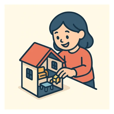 smiling girl arranging furniture in doll house sticker
