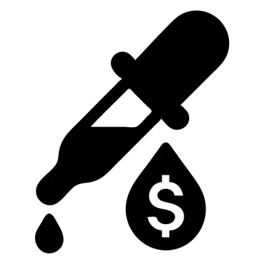 solid icon of a pipette with a golden drop, dollar sign inside the drop sticker