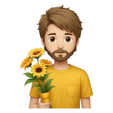 generate an ios genmoji of a 20 year old fair boy with brown long and messy hair with goattee beard on cheeks. carrying a flower bouquet, wearing a yellow tshirt, looking shy.  sticker