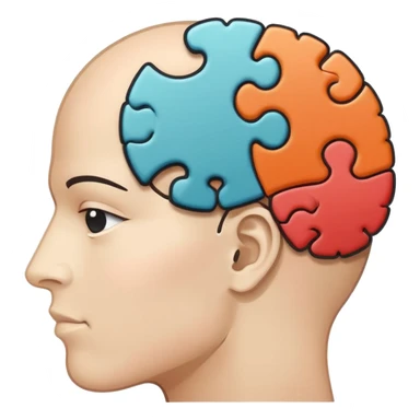 Minimalistic flat vector icon, iOS style, thin black contour on white background. Human head profile with a brain inside, split into puzzle pieces. No text, no shadows. sticker