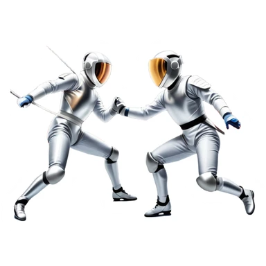 Two fencers in full protective gear duel on a professional piste, their foils clashing in mid-air. The background features a dynamic blur, symbolizing speed and precision. The scene is illuminated by bright arena lights, emphasizing the intensity of the match. Transparent background. sticker