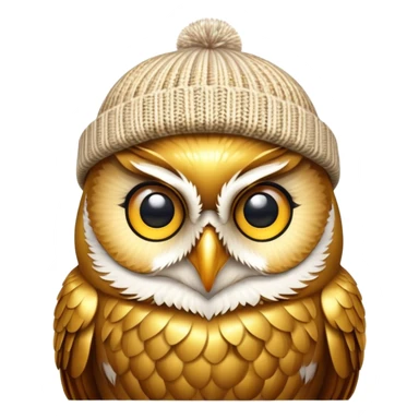 golden owl with shiny feathers. With a knitted hat in head  sticker