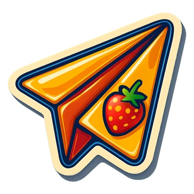 retro sticker-style paper airplane with bold outlines, expressive shadows and highlights, slightly three-dimensional playful look, outlined glossy bright style like lips with strawberry illustration sticker