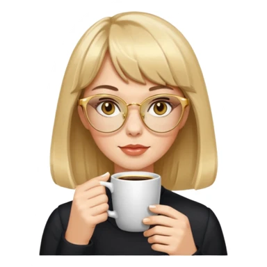 white woman with medium hair with bangs drinking coffee wearing golden cat eye glasses sticker