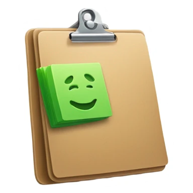 Design a simple emoji-style icon that represents a catalog of items in stock. It should include a clipboard or checklist symbol, with a shopping bag or box, and use bright, inviting colors like green to signify availability. sticker
