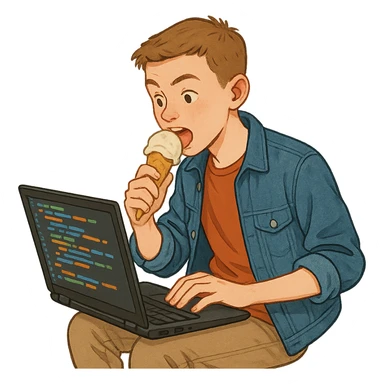 a white teenager with short hair, eating ice-cream, focused on laptop, coding, lively atmosphere, modern casual outfit sticker