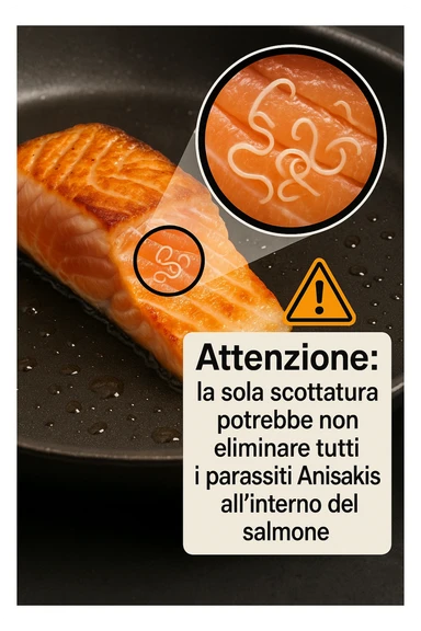 a close-up of a salmon fillet being lightly seared in a hot pan, with the outer layer cooked but the inside still raw. An inset magnifies the interior, showing visible Anisakis parasites surviving in the uncooked portion. A warning icon and educational text explain that searing alone may not eliminate all parasites. in italiano sticker
