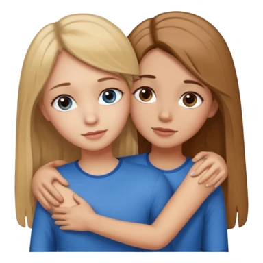 Two girls are hugging. One has dirty blonde hair with a little reddish in it. She has also blue eyes. Her hair is long and straight. The other girl has dark brown hair with hazel eyes sticker