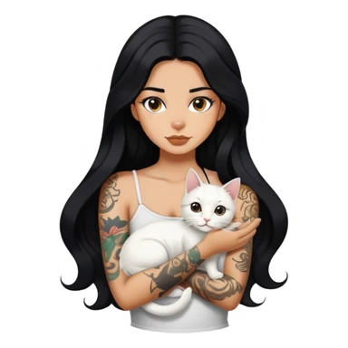 girl with long wave black hair and tattoos and a white cat sticker