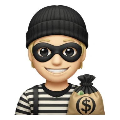 smiley robber wears black eye mask, black beanies and black and white stibes shirt with one money bag beside him sticker