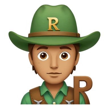 Cowboy wearing a green hat with letter R sticker