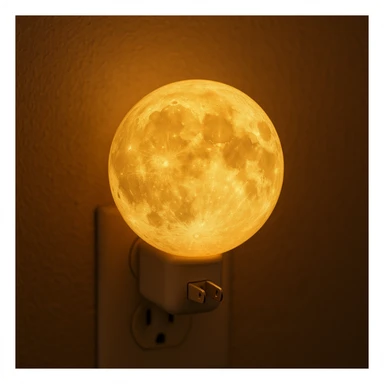 a moon-shaped nightlight with a visible plug, glowing softly, in a cozy style sticker