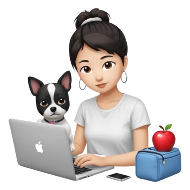 Asian girl with messy bun hair, wearing a white t-shirt, working on an Apple laptop, next to her is a small black and white dog sticker