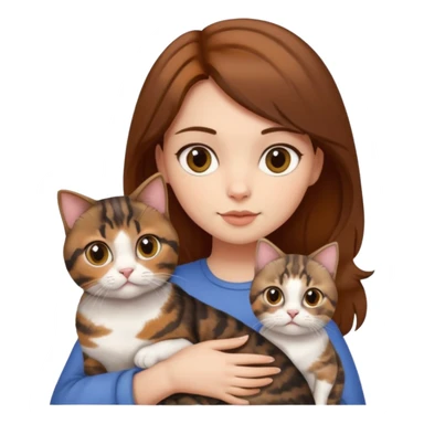 girl with brown hair holding two cats, one tortoiseshell cat and one Scottish cat sticker