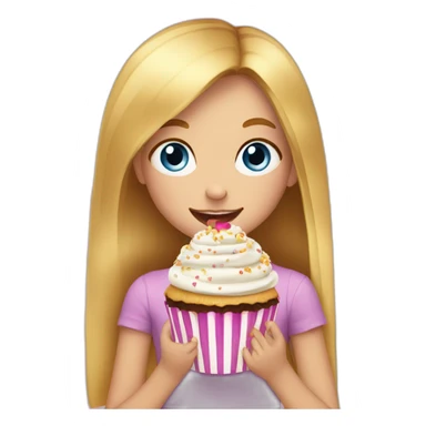 4-years old girl with golden straight hair and blue eyes eats cupcake sticker