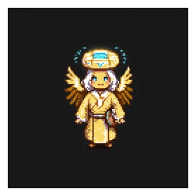 Portrait of a radiant baker with a glowing halo, golden robes, and a cookie-shaped aura, skeuomorphism style sticker