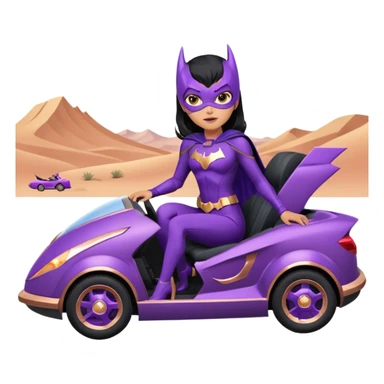 Hot full size real-appearance racing action BatGirl’s feminine midnight-purple tight outfit sixty’s tv show 1992 stealth retro cat burglar sporty petite off-road pursuit hovering hover cruiser car rose gold accents (black hair,reclined and relaxed seating position and attitude) desert sticker