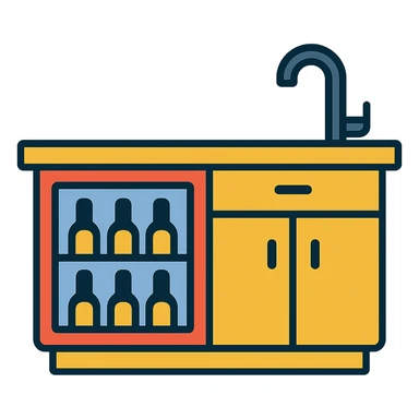 Wet bar with wine fridge and sink, minimal design, wood cabinets, color outline icon style, transparent background sticker