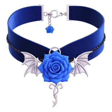 gothic choker with navy blue velvet band, silver bat charm, blue rose centerpiece, shimmering white light effect, dark and gothic sticker