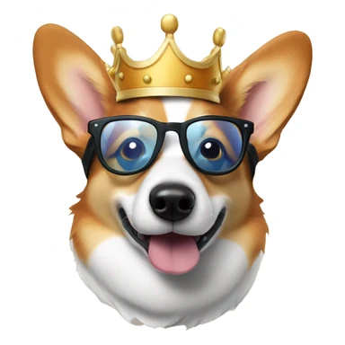 Tri-colored Corgi with a crown and round glasses sniffing the screen sticker