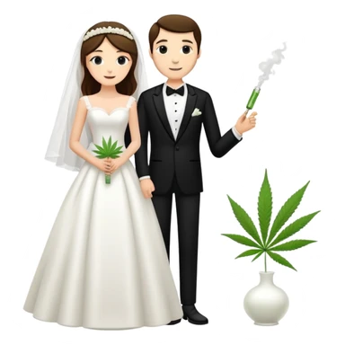 A bride in white wedding dress and groom in tuxedo, full body, sharing a cannabis joint, wedding couple sticker