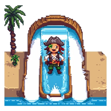 a pirate sliding down a water slide, energetic and fun, pixel art style sticker