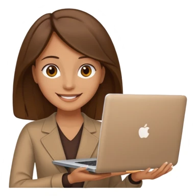 emoji of a tan woman with brown eyes and brown shoulder length hair, holding a laptop sticker