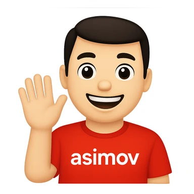 Convert the image of an office worker wearing a red 'asimov' t-shirt saying hello into a simple and expressive apple style emoji with a transparent background. Focus on capturing the essence of the office worker and the red 'asimov' t-shirt in the emoji style. sticker