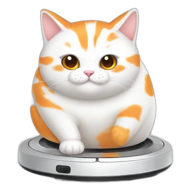 fat white and orange cat sitting on top of white roomba sticker