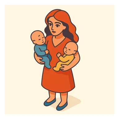 A woman with long wavy hair, large expressive eyes and lips, standing and holding two babies, with soft shadows and highlights, in 2D isometric illustration style, inspired by the reference image. sticker
