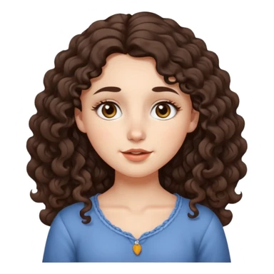 Aesthetic white girl with long curl hair color dark brown (almost black, but more brownish), big almond shape eyes color brown, small wide nose, natural lips, sweet expression. Dressed with a  cute top sticker