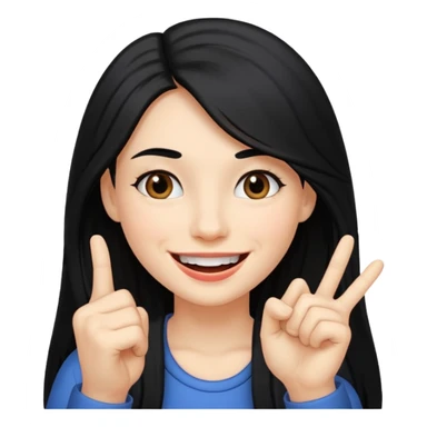 Haz una imagen de una mujer con cabello negro largo , con una sonrisa en su cara y la punta de su dedo indice entre sus dientes sticker