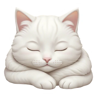 Meme-Worthy Cute Sleeping White Cat Portrait Emoji, Head peacefully tilted with a tender, contented smile and eyes gently closed in serene slumber, featuring a pristine white fur with subtle, delicate silver accents, simplified yet irresistibly adorable, highly detailed, glowing with a soft, drowsy radiance, high shine, exuding calm, heartwarming charm, styled with a gentle, soft glowing outline, capturing the essence of a sleeping white cat that seems destined to become the next viral icon of adorable repose! sticker