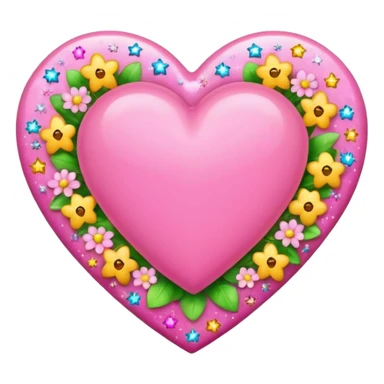 Colorful emoji-style icon of a large pink heart surrounded by sparkles, stars, and small flowers, representing overflowing love and joy. Bright and happy Apple-style emoji, glossy finish, white background. sticker