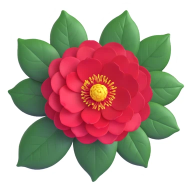 Detailed camellia japonica (tsubaki) flower with rich red formal double form petals, yellow stamens and shiny evergreen leaves sticker