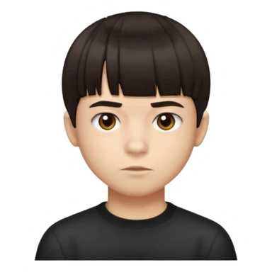 A boy no long hair À emoji that don’t smile Dark brown thick hair, short blunt fringe with straight bangs, a lot more compact textured top, evenly cut front, short tapered sides (not shaved), clean modern haircut, realistic emoji style, neutral expression. sticker