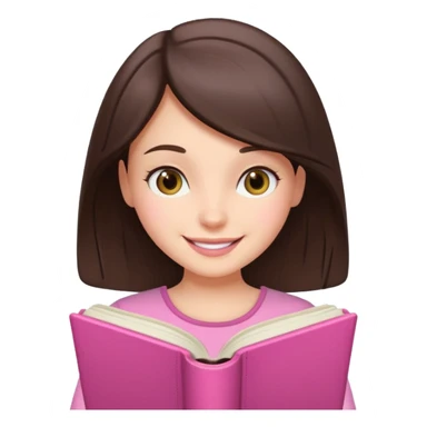 brunette reading a pink book with a smile sticker