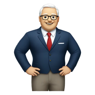 A fat man, white hair, with glasses, no beard, smiling with teeth, and wearing a navy blue suit and red tie sticker