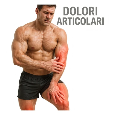 25-year-old bodybuilder with joint pain due to low collagen, hyper realistic style, sculpted muscles, pained expression, joints highlighted in red, Italian text 'Dolori Articolari', clinical atmosphere, white background sticker