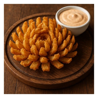 a restaurant-style awesome blossom, crispy fried onion petals arranged in a circular bloom, with a side of dipping sauce, visually appealing and delicious sticker
