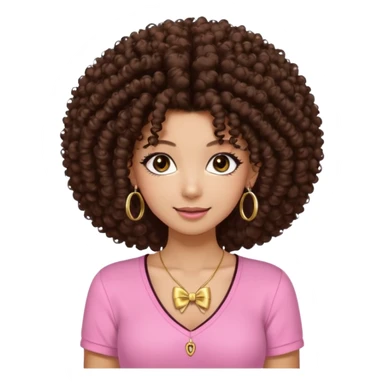 Naturally tan skin girl short darkBrown curly afropink shirt very long lashes hoop gold earrings Brown eyes gyaru smiling closed mouth cute bow hairclip small on the side. V neck pink shirt. Teenager bow on shirt, cleavage sticker