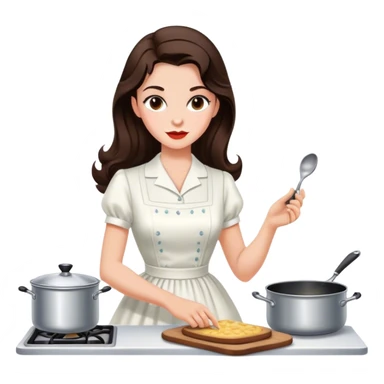 Beautiful woman in 1950’s woman fashion look, white dress, long dark brown hair, cooking sticker