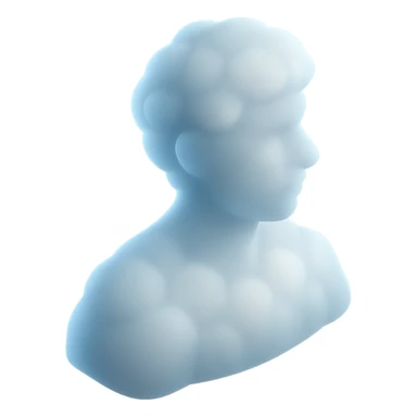 A person from the shoulders up, entirely composed of fluffy white convex clouds, looking to the right sticker